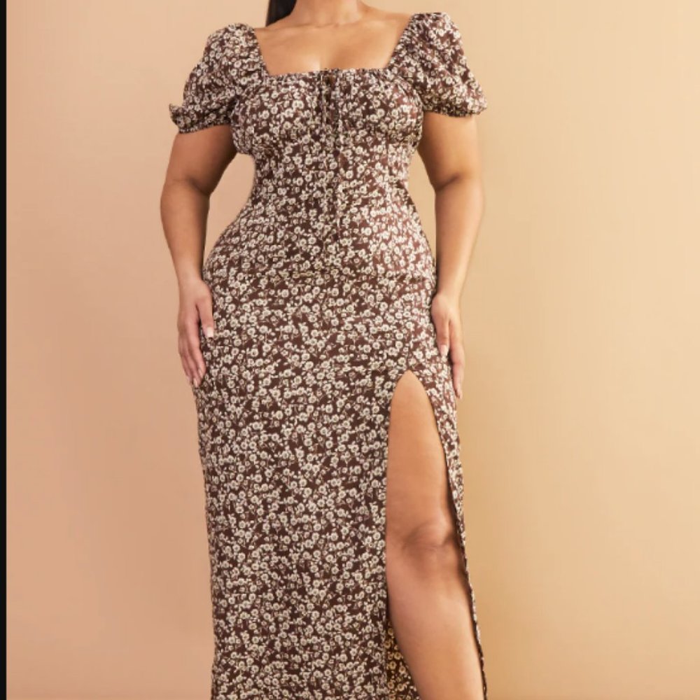 Plus Brown Ditsy Floral Midi Dress